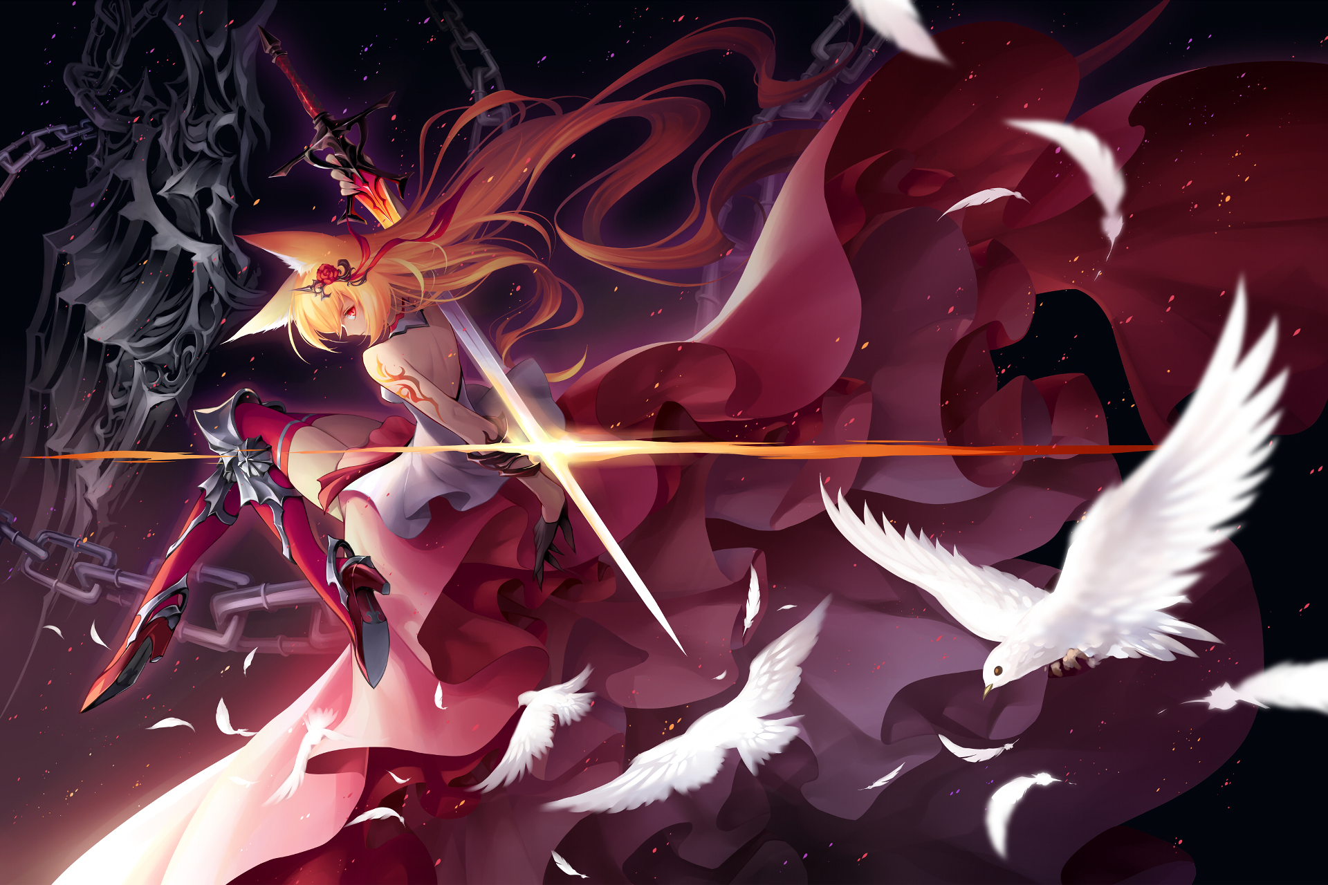 HD anime desktop wallpaper featuring an original character with long flowing hair, wielding a sword, surrounded by white doves and dynamic lighting effects.