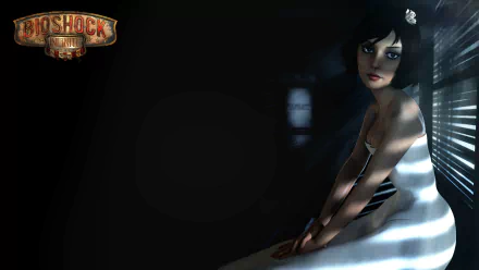 Elizabeth from BioShock Infinite's Burial at Sea sits in a shadowed room at night, blinds casting stripes across her face — 2K Quad HD PC desktop wallpaper from the video game.