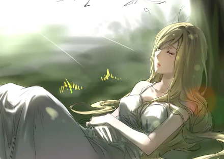 HD desktop wallpaper featuring Bishamonten from the anime Noragami, peacefully sleeping under sunrays with a serene outdoor background.