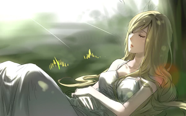 HD desktop wallpaper featuring Bishamonten from the anime Noragami, peacefully sleeping under sunrays with a serene outdoor background.