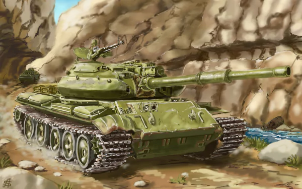 4K Ultra HD PC desktop wallpaper and background: olive-green T-62 military tank on a rocky canyon road, detailed tracks and turret beneath a bright blue sky.