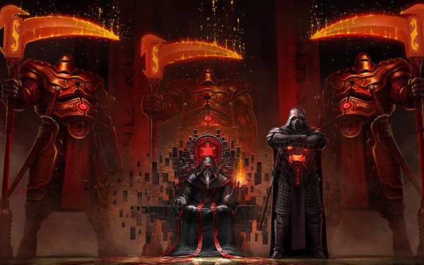 A Sci-Fi Star Wars-themed HD desktop wallpaper featuring Darth Vader in armor, standing beside a warrior on a throne, surrounded by imposing figures holding glowing scythes.