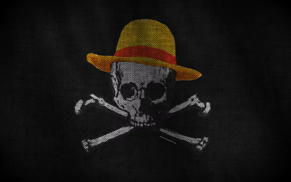 Anime-themed One Piece HD desktop wallpaper featuring the iconic Jolly Roger skull wearing a straw hat on a dark textured background.