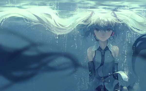 HD anime desktop wallpaper featuring Hatsune Miku, the iconic Vocaloid, submerged underwater with flowing twin tails and glowing eyes in a serene blue atmosphere.