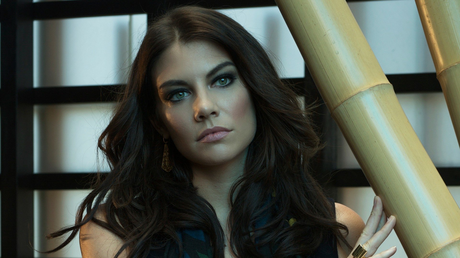 HD desktop wallpaper featuring celebrity and model Lauren Cohan from The Walking Dead, showcasing her serene expression and flowing dark hair against a modern background.