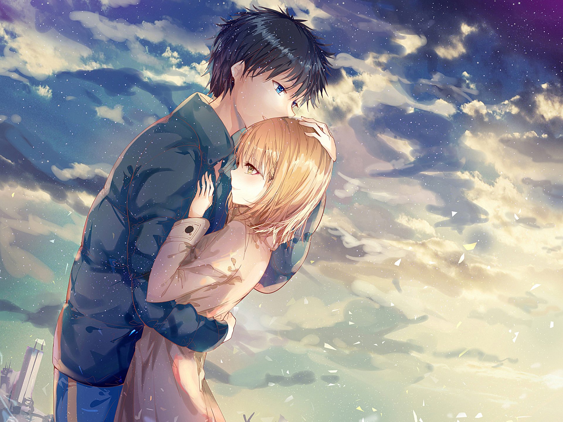 Anime HD PC desktop wallpaper — A Certain Magical Index: a dark-haired boy tenderly embraces a blonde girl beneath a glowing, cloud-filled sky.