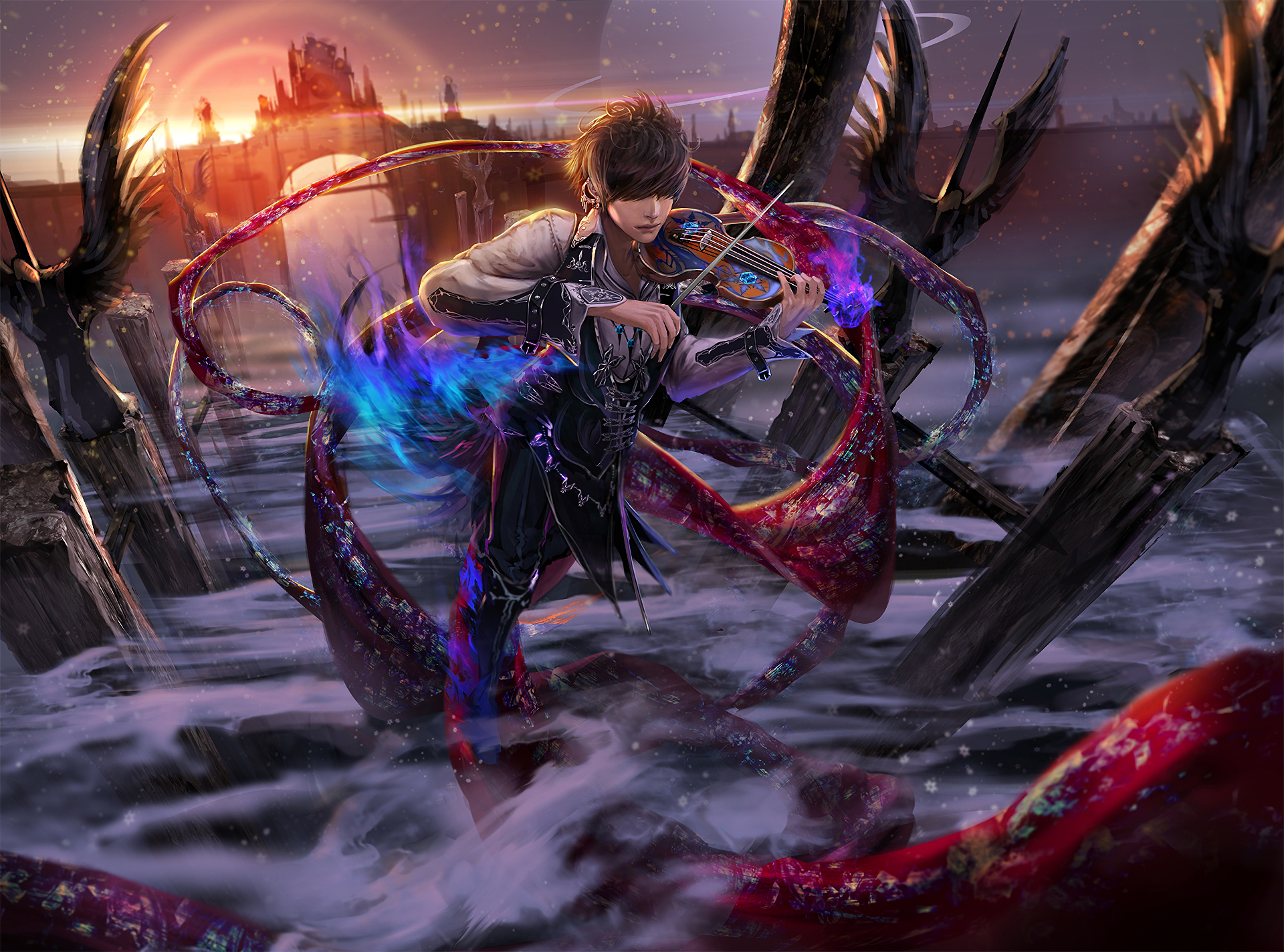 A dynamic anime scene featuring a magical violinist surrounded by swirling colors and mystical elements, creating an enchanting and vivid HD desktop wallpaper.