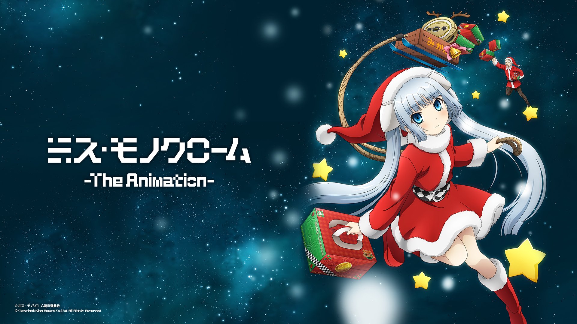 HD PC desktop wallpaper of Miss Monochrome (Ruu-chan) in a Santa outfit with Maneo on a gift sleigh, anime Christmas scene with stars and Japanese title Miss Monochrome -The Animation-