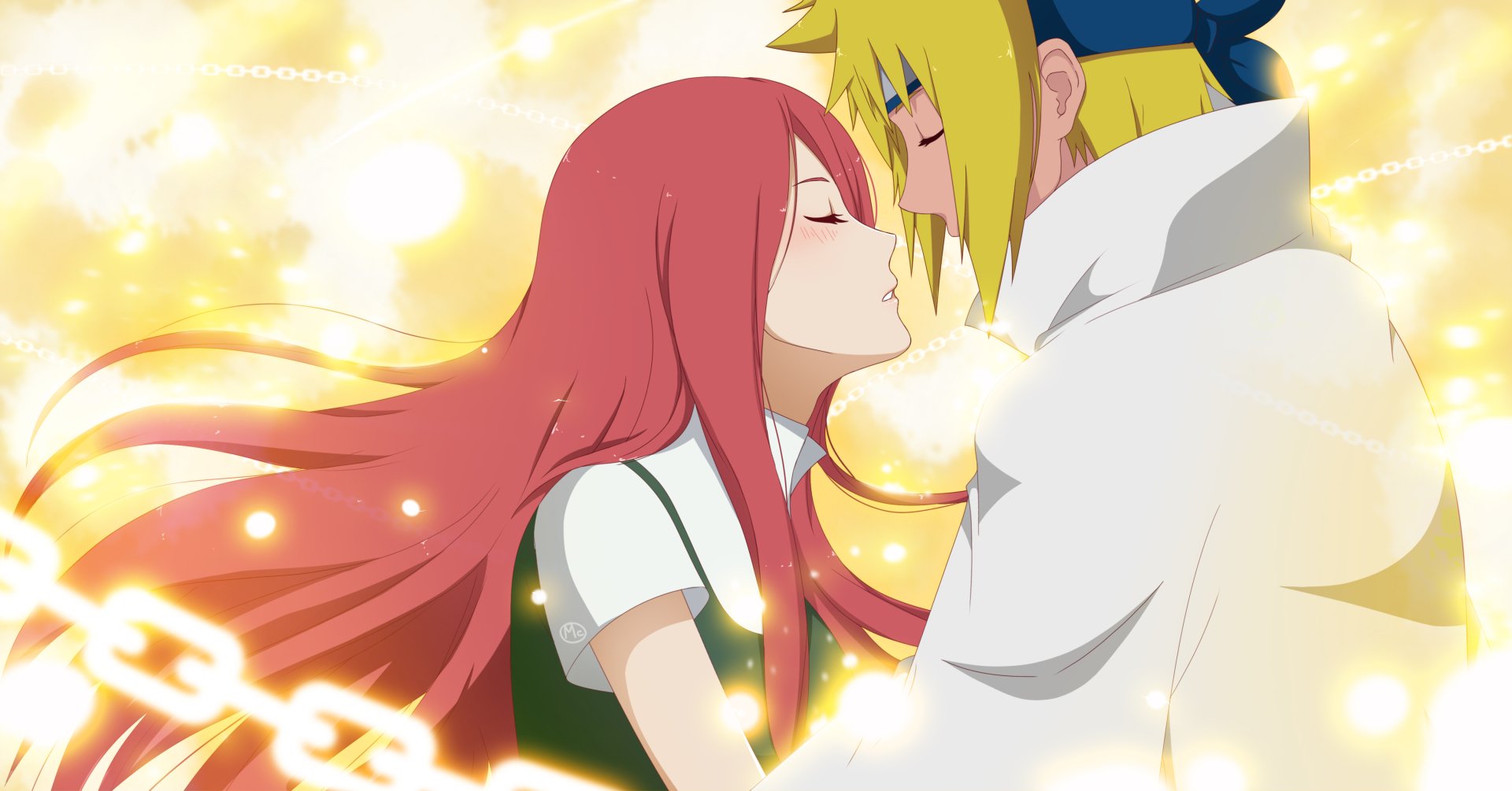HD desktop wallpaper featuring Kushina Uzumaki and Minato Namikaze from the anime Naruto, with a glowing background highlighting their intimate moment.