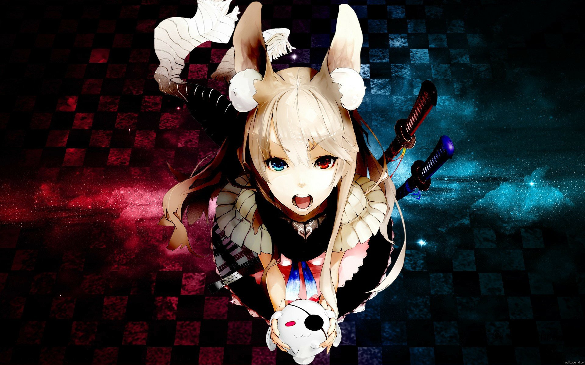 HD anime original artwork featuring a dynamic character with horns and a skull accessory, set against a split red and blue checkered background for a PC desktop wallpaper.