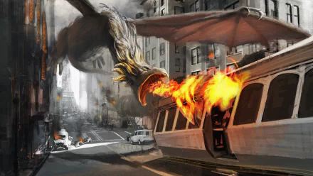 A wyvern breathes fire on a tram amid the destruction of a city street in Paris, with the Eiffel Tower visible in the smoky background.