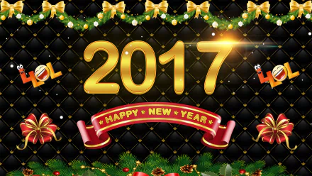 HD desktop wallpaper for New Year 2017, featuring festive decorations, golden 2017 text, and a Happy New Year banner against a black quilted background.