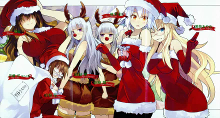 HD anime Christmas wallpaper featuring Sen Yarizui, Ayame Shaga, Kyo Sawagi, Hana Oshiroi, and Chapatsu from Ben-To in festive holiday outfits.