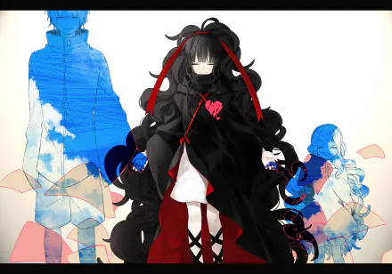 Anime Kagerou Project HD PC desktop wallpaper: central dark-haired girl in a flowing black cloak with red ribbon and heart emblem, flanked by two blue-toned silhouettes.