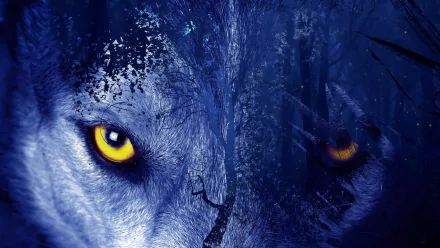 Animal-themed artistic 4K Ultra HD PC desktop wallpaper: close-up blue-toned wolf face with glowing yellow eyes and textured forest overlay.