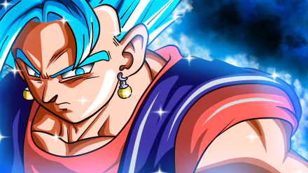 HD desktop wallpaper featuring SSGSS Vegito from Dragon Ball Super. The image showcases an intense close-up of Vegito with his blue hair and determined expression, highlighting the iconic character from the anime series.
