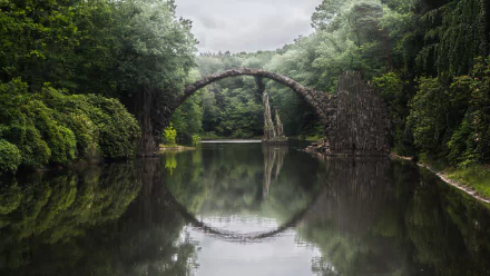 Devil's Bridge arching over a calm river, surrounded by lush greenery, with its reflection creating a near-perfect circle in this HD nature and man-made bridge wallpaper.