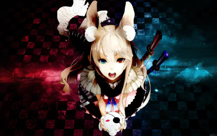 HD anime original artwork featuring a dynamic character with horns and a skull accessory, set against a split red and blue checkered background for a PC desktop wallpaper.