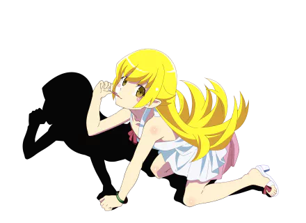 Anime HD PC desktop wallpaper from the Monogatari series: a blonde girl in a white dress crouches, hair flowing, framed against a dark/black background.