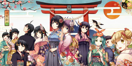 HD anime wallpaper featuring black-haired characters from the Monogatari series, including Suruga Kanbaru, Tsubasa Hanekawa, Nadeko Sengoku, and others in traditional attire.