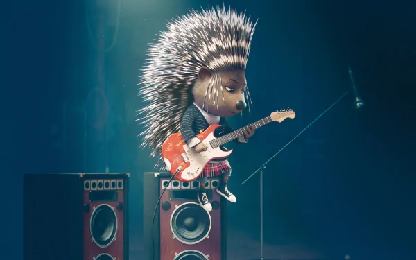 HD desktop wallpaper of Ash from the movie Sing, playing an electric guitar on stage with speakers in the background.