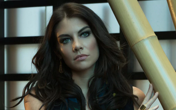 HD desktop wallpaper featuring celebrity and model Lauren Cohan from The Walking Dead, showcasing her serene expression and flowing dark hair against a modern background.