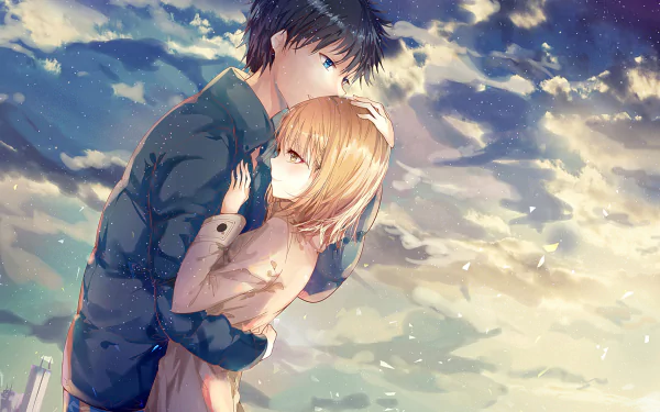 Anime HD PC desktop wallpaper — A Certain Magical Index: a dark-haired boy tenderly embraces a blonde girl beneath a glowing, cloud-filled sky.