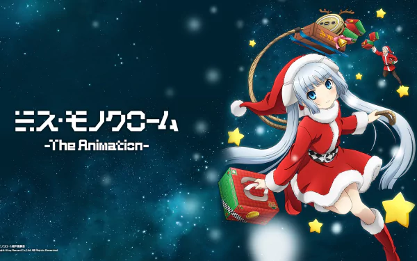 HD PC desktop wallpaper of Miss Monochrome (Ruu-chan) in a Santa outfit with Maneo on a gift sleigh, anime Christmas scene with stars and Japanese title Miss Monochrome -The Animation-