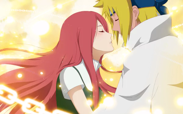 HD desktop wallpaper featuring Kushina Uzumaki and Minato Namikaze from the anime Naruto, with a glowing background highlighting their intimate moment.