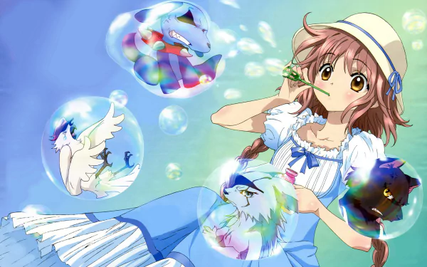 Kobato Hanato (Kobato) in a blue dress and hat with Ioryogi (Kobato) and colorful Ioryogi reflections in floating bubbles, anime HD PC desktop wallpaper.