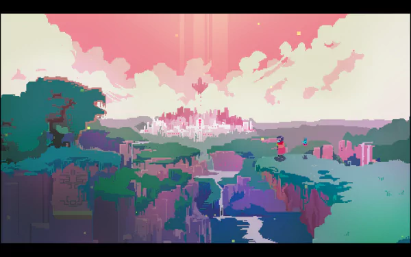 Pixel art cityscape from the video game Hyper Light Drifter, featuring a vibrant, colorful horizon under a pink sky, designed as a HD PC desktop wallpaper.
