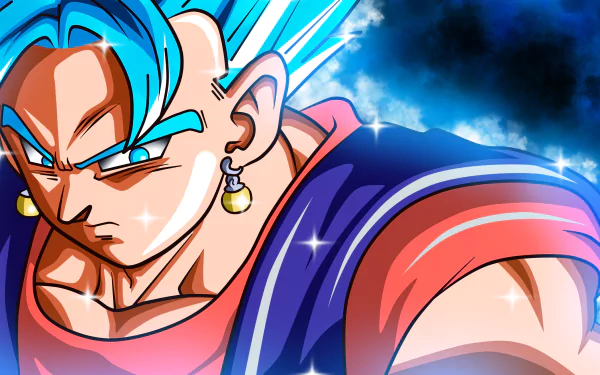 HD desktop wallpaper featuring SSGSS Vegito from Dragon Ball Super. The image showcases an intense close-up of Vegito with his blue hair and determined expression, highlighting the iconic character from the anime series.