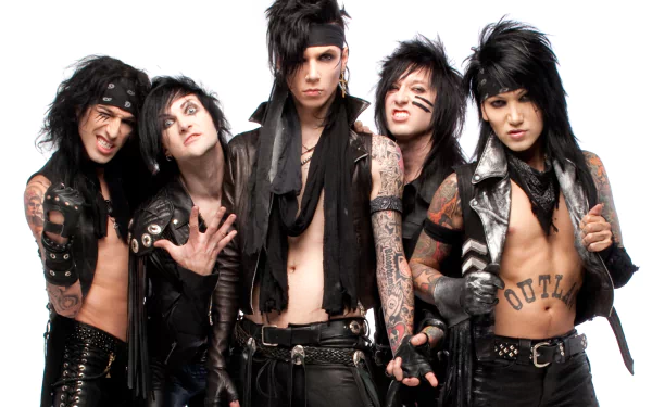 HD wallpaper of Black Veil Brides, a hard rock and heavy metal band, posing against a white background.