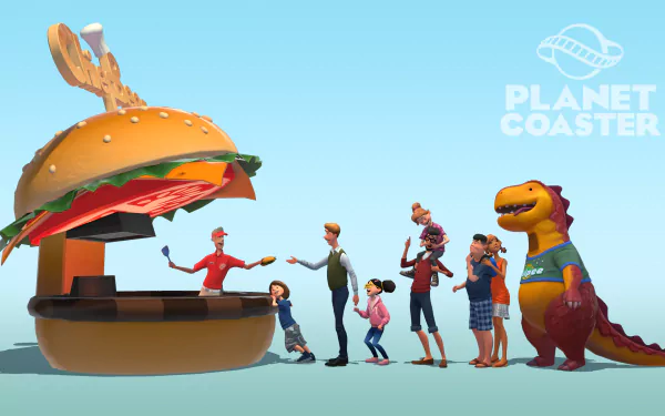 HD wallpaper featuring animated visitors and a mascot by a giant burger from the game Planet Coaster.