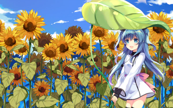 Anime Celestial Method HD PC desktop wallpaper: blue‑haired girl holding a giant leaf as an umbrella amid a bright sunflower field under a vivid blue sky.