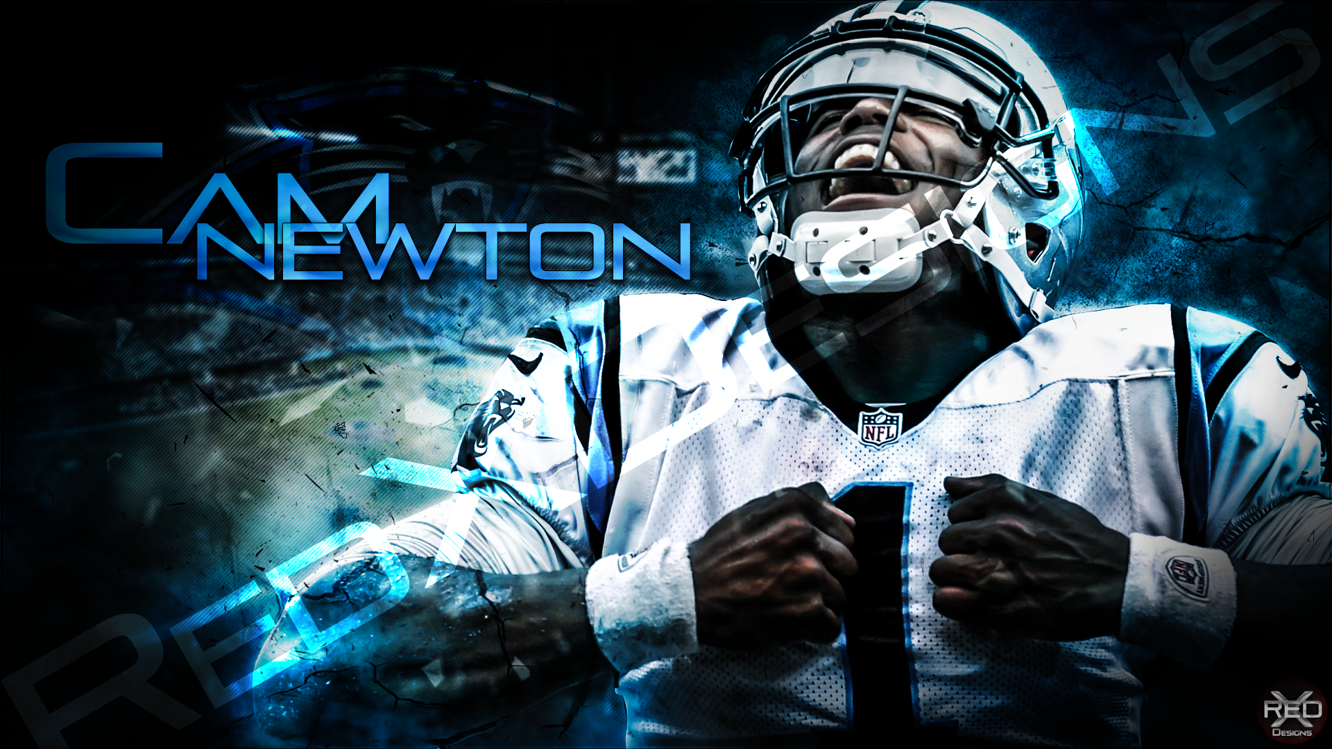 HD desktop wallpaper featuring an action pose of Cam Newton in his football gear with a stylized background.