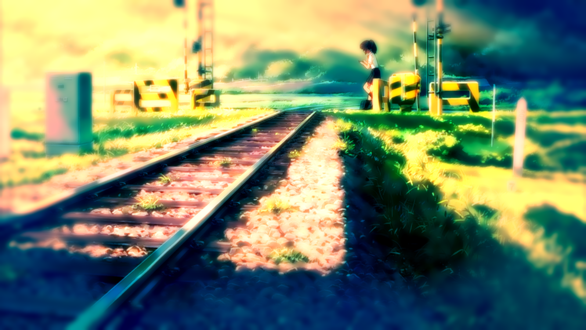HD anime desktop wallpaper featuring Mitsuha Miyamizu standing by a railway track, inspired by the film Your Name.