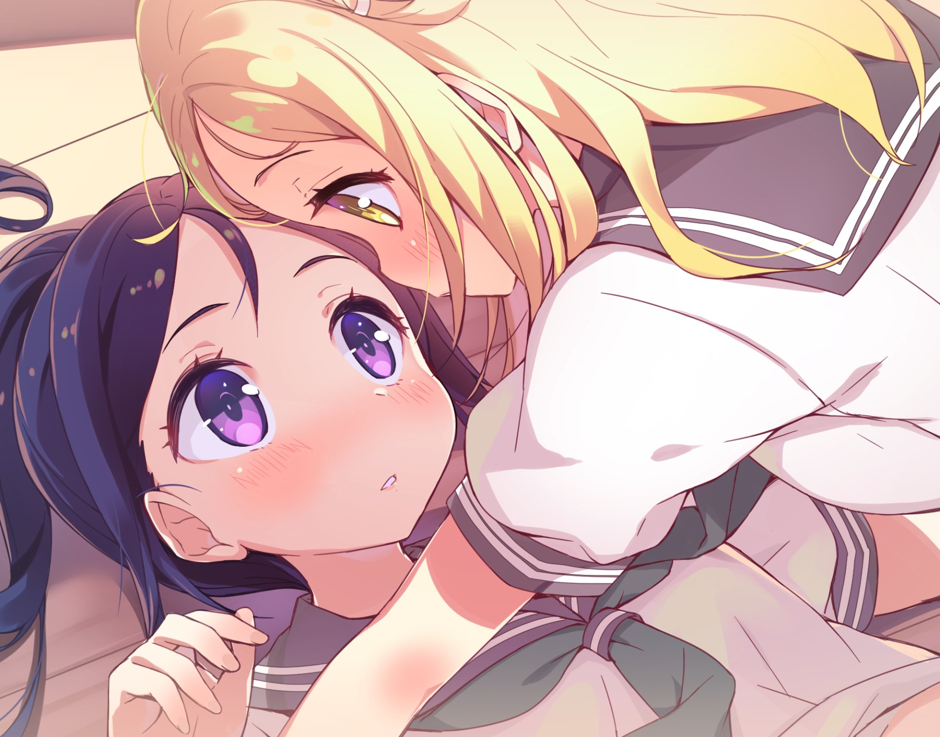 Anime HD desktop wallpaper featuring Yuri-themed artwork of Kanan Matsuura and Mari Ohara from Love Live! Sunshine!! in a close, intimate pose.