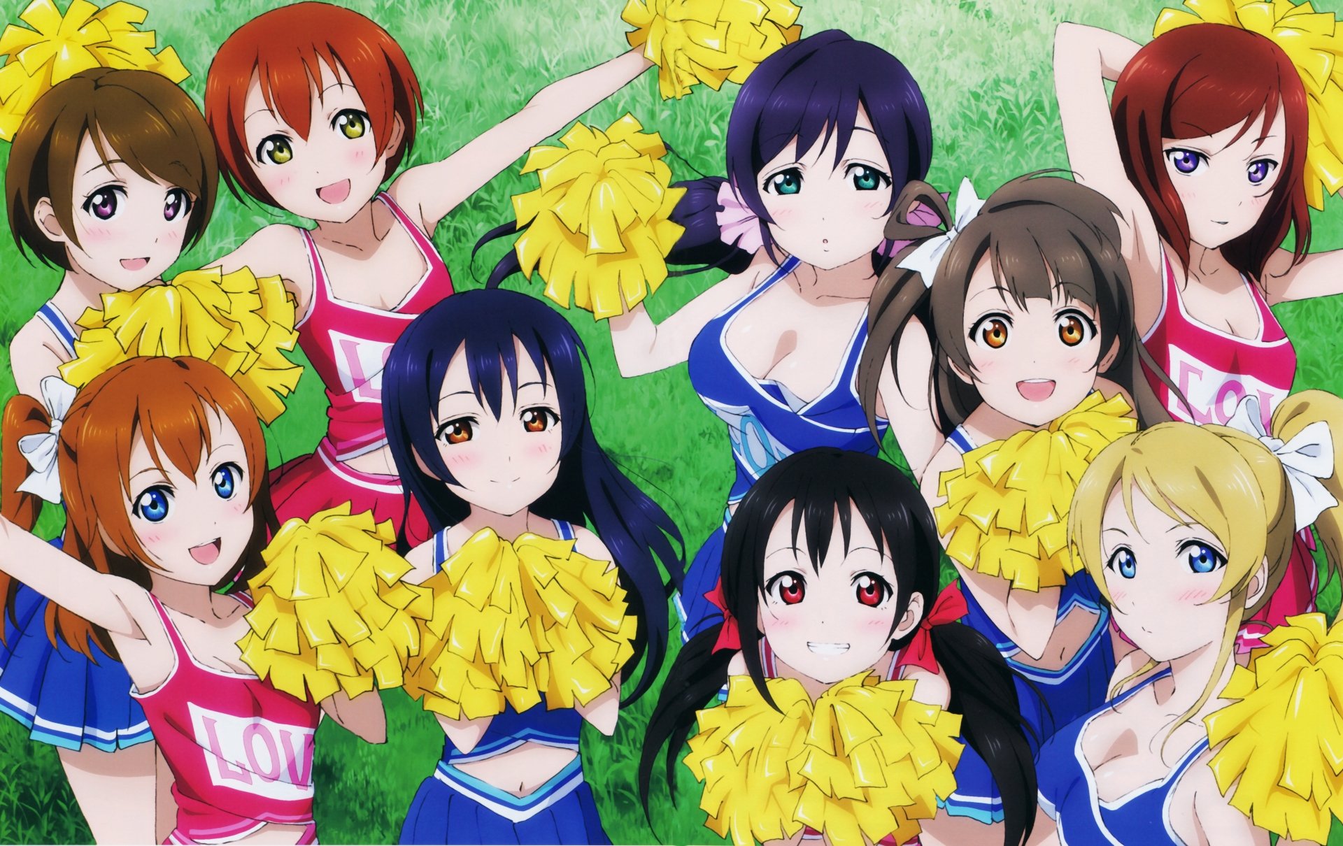 Anime characters Umi Sonoda, Rin Hoshizora, Nozomi Tojo, Nico Yazawa, Maki Nishikino, Kotori Minami, Honoka Kousaka, Hanayo Koizumi, and Eri Ayase from Love Live! pose in colorful cheerleader outfits in this 8K Ultra HD desktop wallpaper.