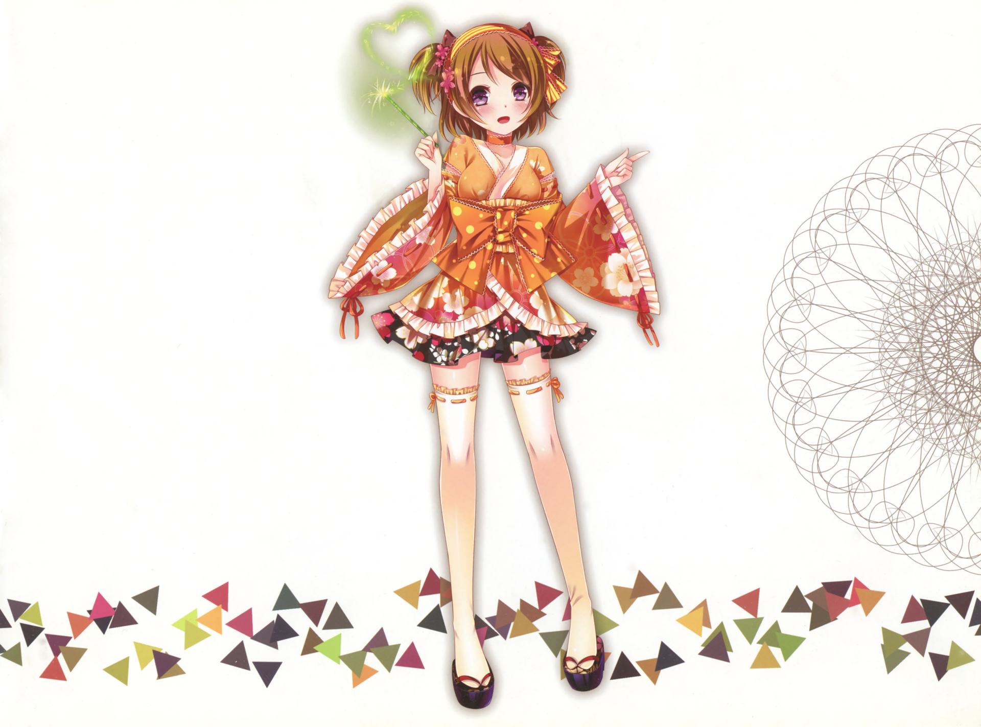 HD PC wallpaper featuring Hanayo Koizumi from the anime Love Live!, dressed in an orange kimono with colorful geometric patterns on a white background.