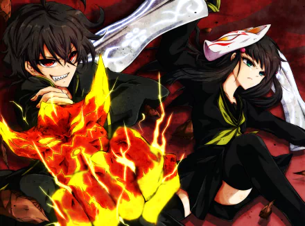 A dynamic HD wallpaper featuring characters from the anime Twin Star Exorcists, showcasing intense expressions and vibrant action with fiery and mystical elements in the background.