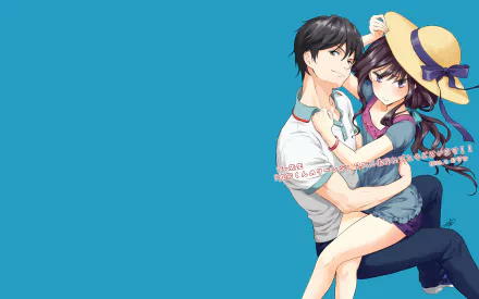 HD wallpaper featuring Aki Adagaki and Masamune Makabe from the anime Masamune-kun's Revenge. Aki is wearing a summer dress and hat, while Masamune holds her gently against a blue background.