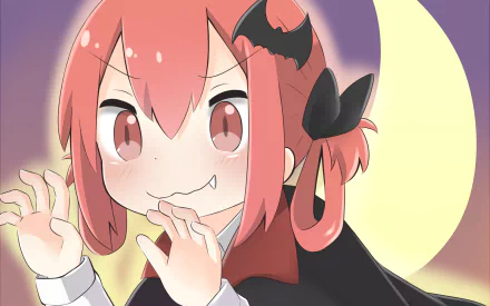 Satanichia Kurumizawa McDowell from the anime Gabriel DropOut smiling mischievously with a bat-themed hair accessory, set against a glowing full moon background.