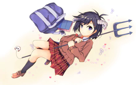 HD wallpaper featuring Vignette Tsukinose April from the anime Gabriel DropOut. The character is lying down, holding a trident, with a school backpack nearby. Background includes hearts and musical notes.