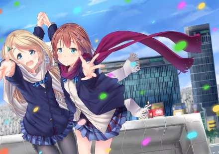 HD PC desktop wallpaper featuring Yukiho Kōsaka and Alisa Ayase from the anime Love Live!, with a bright cityscape background and vibrant colors.