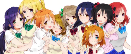 HD PC desktop wallpaper featuring anime characters Nico Yazawa, Eri Ayase, Nozomi Tojo, Hanayo Koizumi, Rin Hoshizora, Maki Nishikino, Kotori Minami, Umi Sonoda, and Honoka Kousaka from Love Live!.
