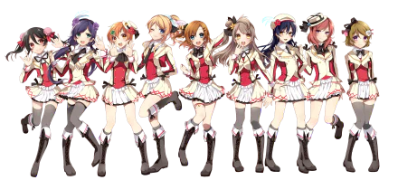 4K Ultra HD Love Live! wallpaper featuring anime characters Umi Sonoda, Rin Hoshizora, Nozomi Tojo, Nico Yazawa, Maki Nishikino, Kotori Minami, Honoka Kousaka, Hanayo Koizumi, and Eri Ayase.