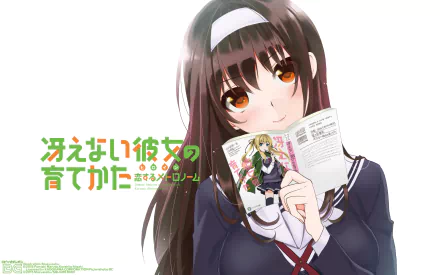 HD PC wallpaper of Megumi Kato from Saekano: How to Raise a Boring Girlfriend — brown hair with white headband, navy school uniform, gently smiling while holding a manga.