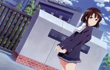 4K Ultra HD anime wallpaper featuring a character from Saekano: How to Raise a Boring Girlfriend standing by a school gate under a bright blue sky.