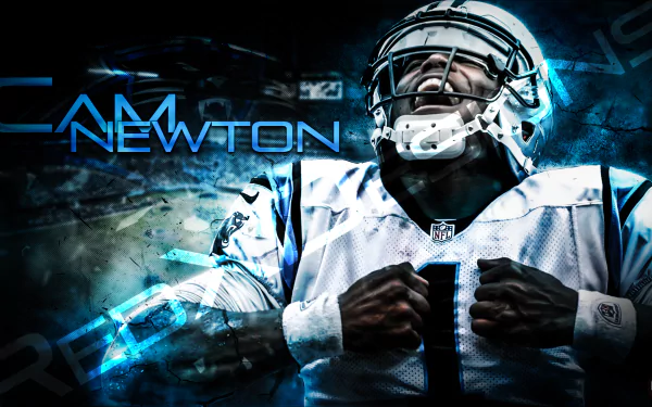 HD desktop wallpaper featuring an action pose of Cam Newton in his football gear with a stylized background.